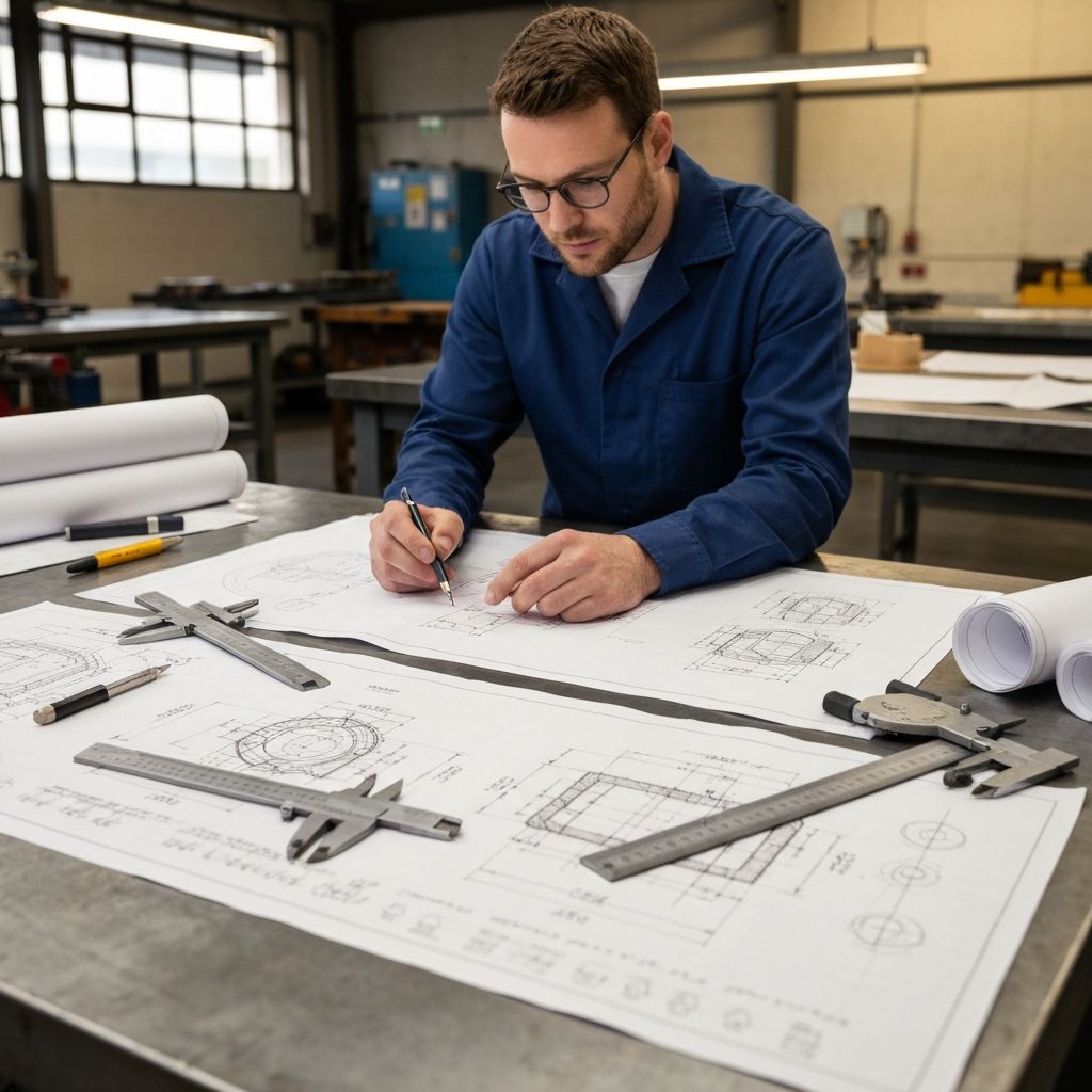 Engineering blueprints and precision measuring instruments on a workshop surface