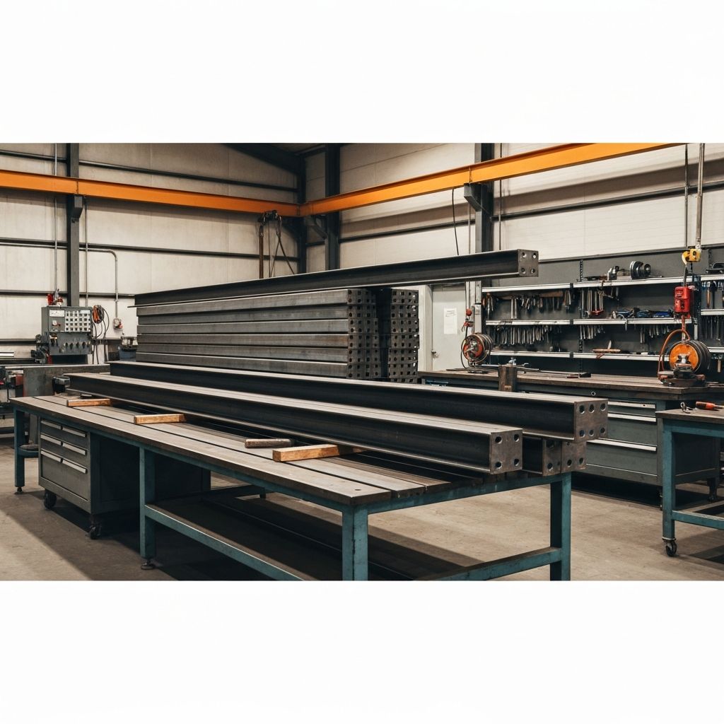 Custom metal fabrication components and steel work on a workshop bench