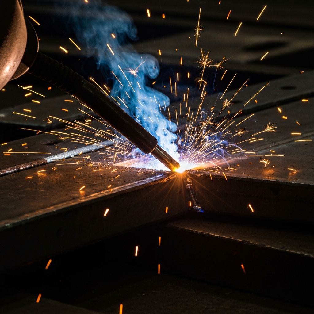 Professional welding arc and sparks on thick steel plates in an industrial workshop